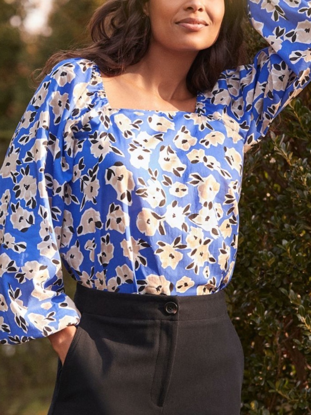 Ann Taylor Blue Floral Square-Neck Puff Sleeve Blouse women’s size S